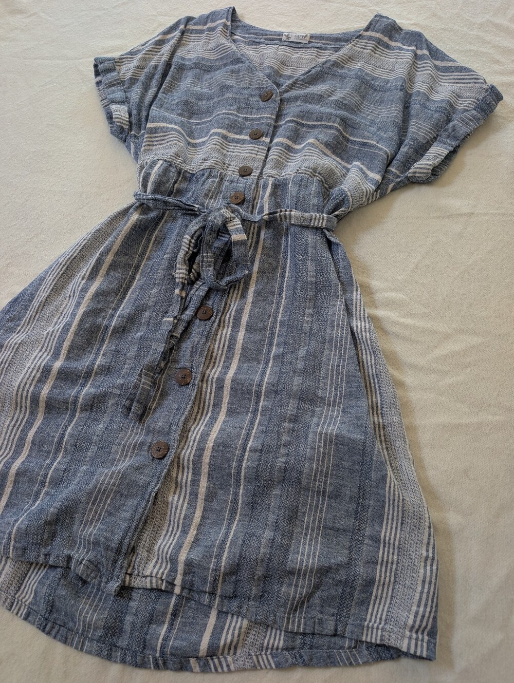 100% Cotton Striped V-Neck Button-Front Dress with Belt
